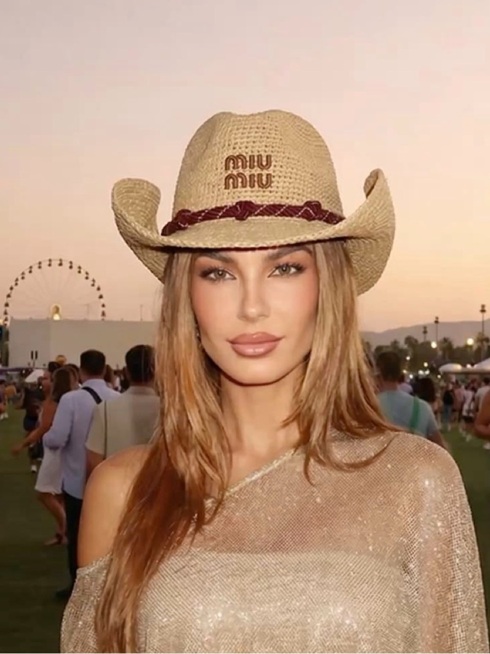 Miu Miu Beige Straw Cowboy Hat with Burgundy Braided Trim